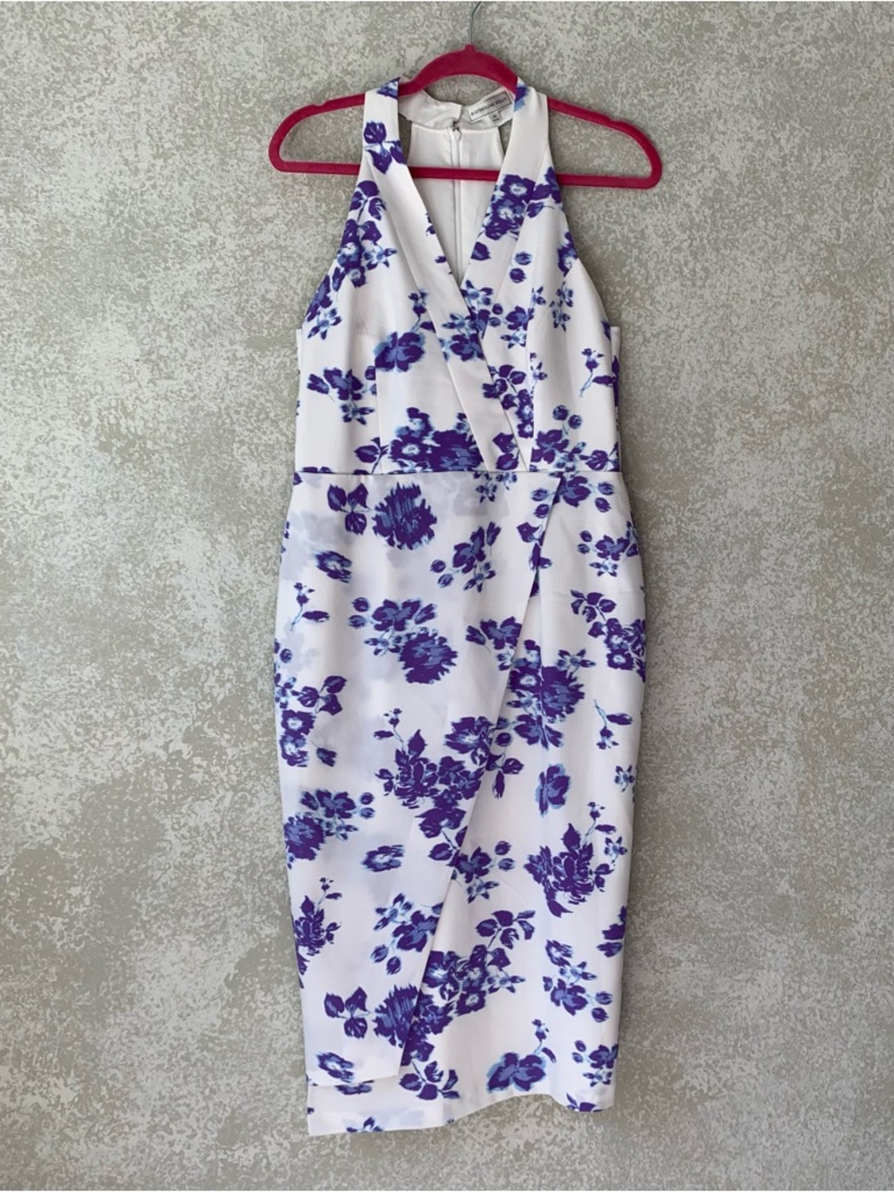 Katherine Kelly Women's Size 10 White Wrap Halter Midi Dress Purple Flowers